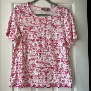 Chicos pink tropical Hawaii chinoiserie  100% cotton tee scallop hem size 1